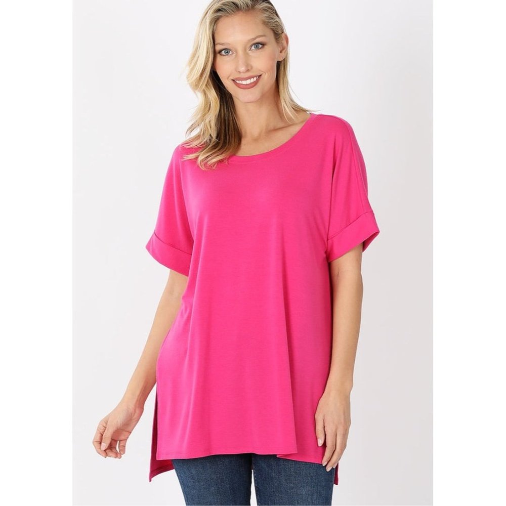 Boatneck Cuffed Short Sleeve Tops in Assorted Colors